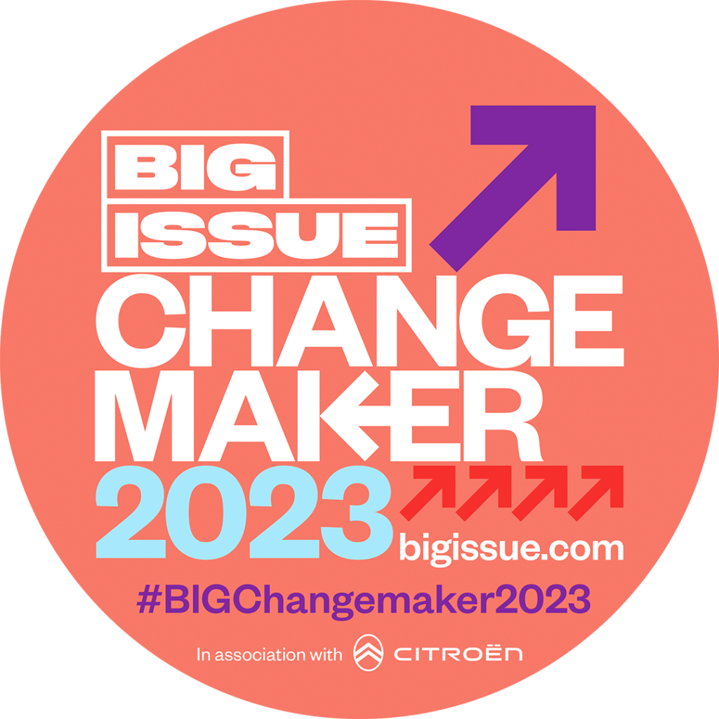 Round logo for "Big Issue Changemaker 2023", additional text reads, "BigIssue.com, #BIGChangemaker2023, in association with Citroen"