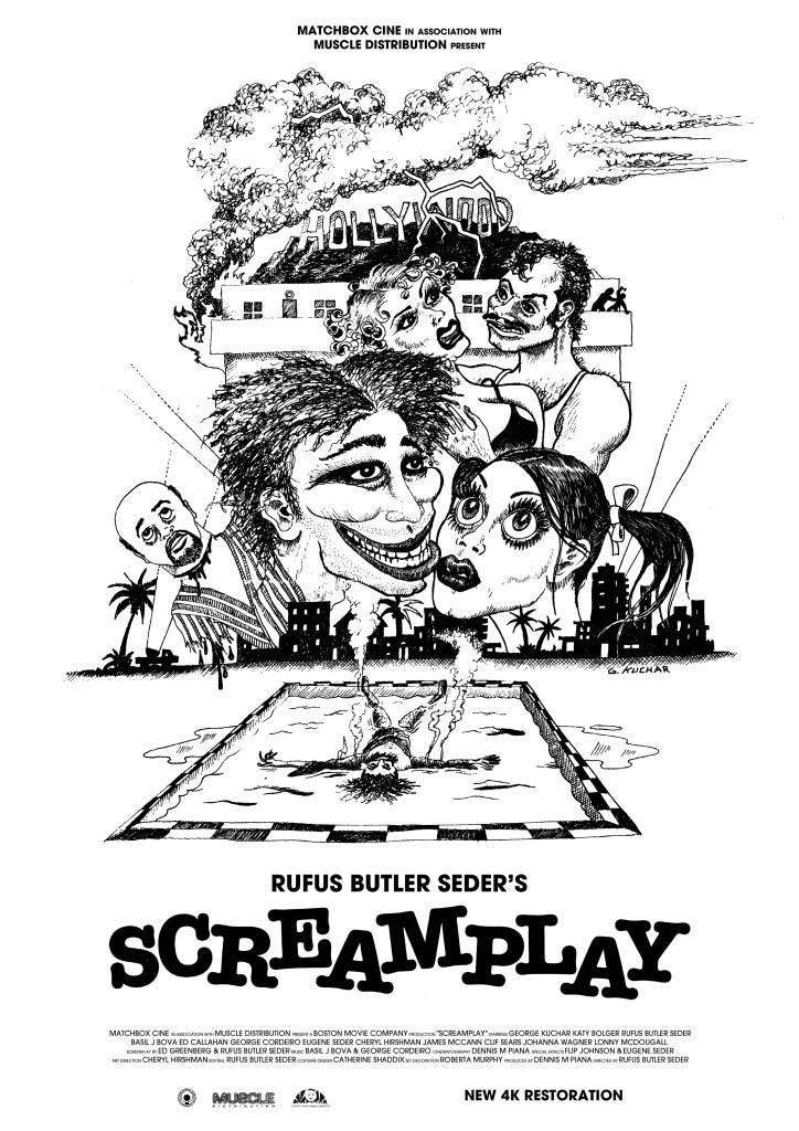 Black and white illustrated poster for Screamplay